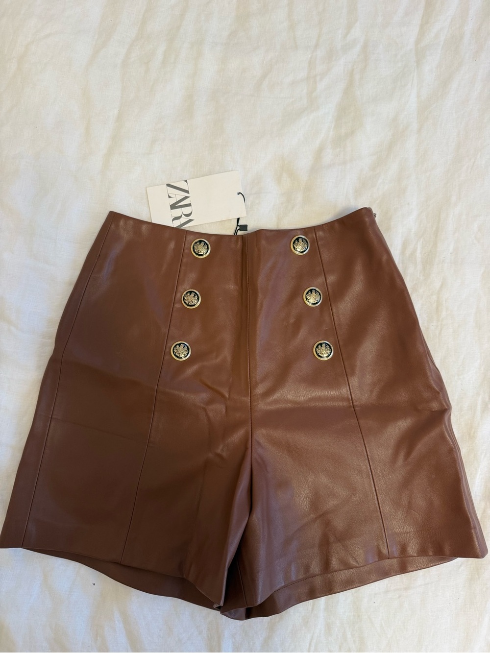 ZARA Brown Faux Leather High-Waist Button Skort